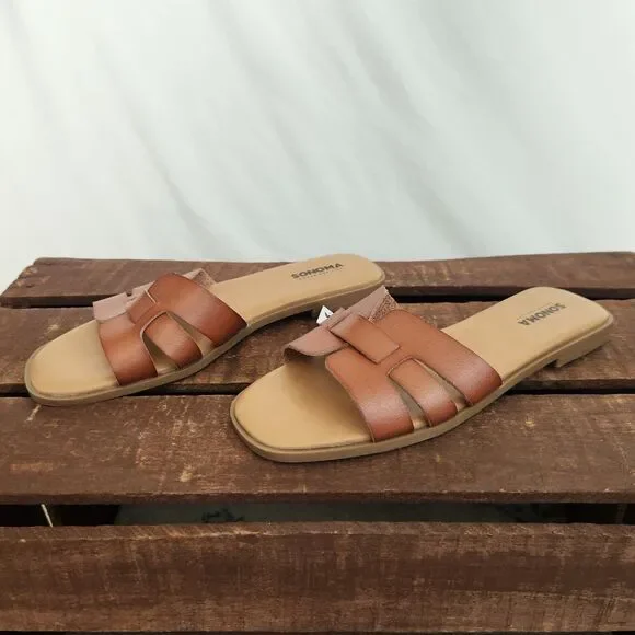 Sonoma Rivka Women Sandals 7 Brown Open Toe Slip On Flat Shoes - Picture 4 of 6